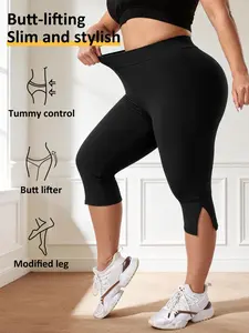 Plus Size High Waist Tight-Fitting Pants, Split Cuff Design, High Stretch Seven-Quarter Pants, Soft Butter Fabric, Daily Commuter Wear