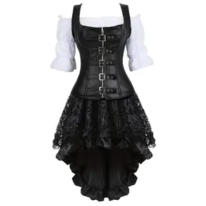 Milalee Steampunk Leather Corset Bustier Skirt Blouse Set 3 Piece Buckle Corset Outfits Women Suit Gothic Lace Black Zipper Clothes 8104/6505/7056
