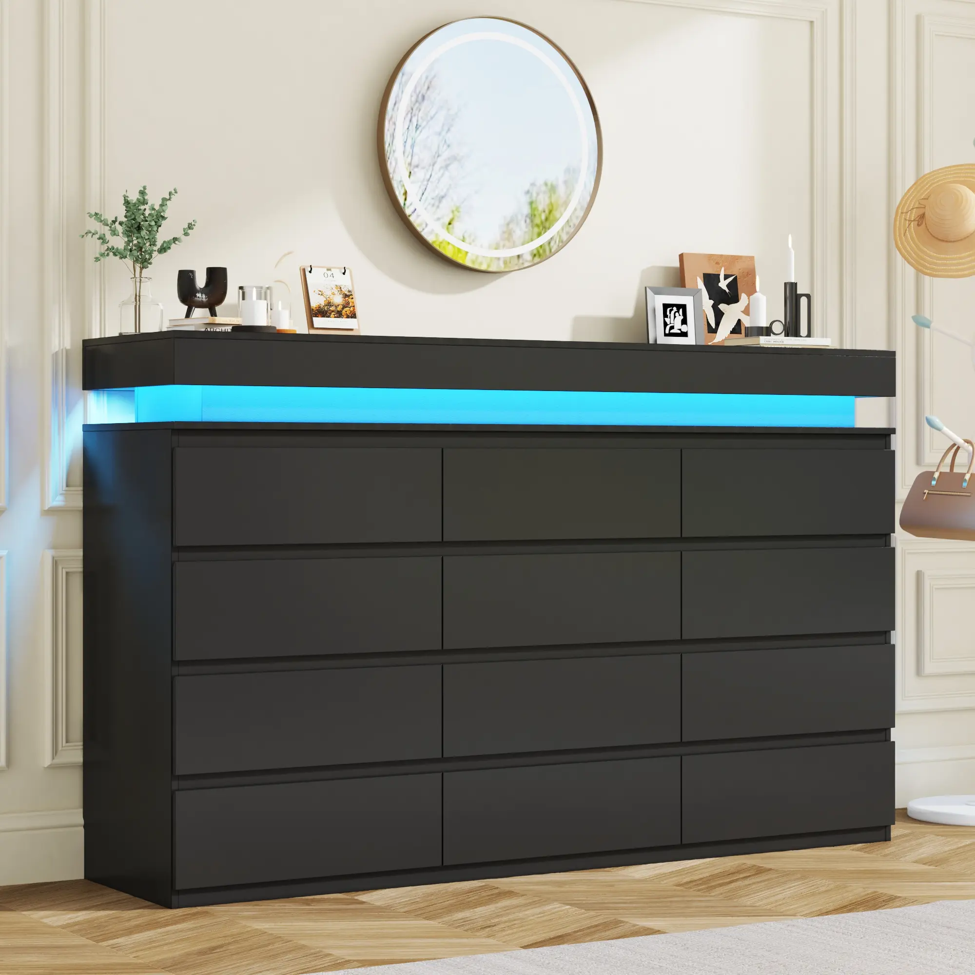 Tall Modern Chest of Drawers - 9/12 Drawer Indoor Storage Dresser with LED Lighting, Built-In Charging Ports for Bedroom, Closet Organization