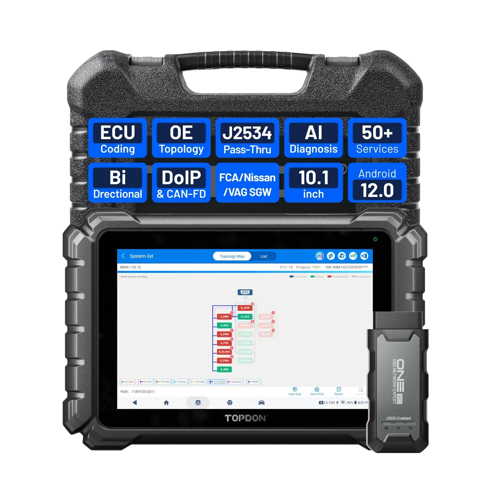 TOPDON 10.1" Bidirectional Automotive Scan Tool, OBD2 Scanner with J2534 Pass-Thru, ECU Coding, 50+ Services, Full System Scan, TopFix AI & OE Topology Mapping
