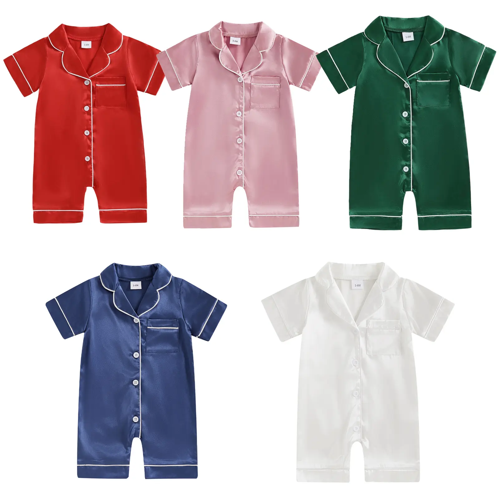 Unisex Newborn Baby Satin Pajama Set - Short-Sleeve Button-Up Shorts Jumpsuit, Summer Casual Sleepwear, Baby Clothing with Satin Material