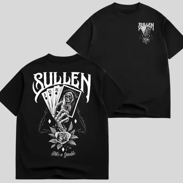 Men's Sullen Grim Reaper Playing Cards T‑Shirt, Gothic Tattoo Art Graphic Tee, Skull Poker Card Rose Print, Dark Edgy Streetwear Casual Short‑Sleeve Top