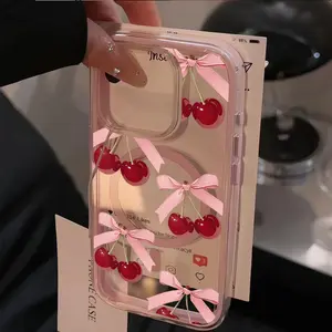 ribbon bow cherry Transparent Two Color Macaron 2-in-1 Anti Drop Premium Phone Case | Suitable for IPhone17 11 12 13 14 15 16 Pro Max Air PlusCute Cartoon Style Case Suitable for Giving Friends Birthday Gifts