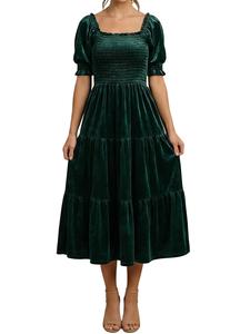 2026 New Arrival Square Neck Bubble Sleeve A-Line Midi Dress Regular Plus Sizes Comfortable and versatile design Perfect for everyday wear, vacations, weddings, casual outings, outdoor activities, holiday parties, and formal occasions