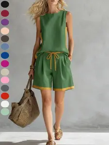 2026 New European and American Chic Style Sleeveless Colorblock Wide Leg Pants Set for Women, Summer Casual Fashion Two-Piece Womenswear