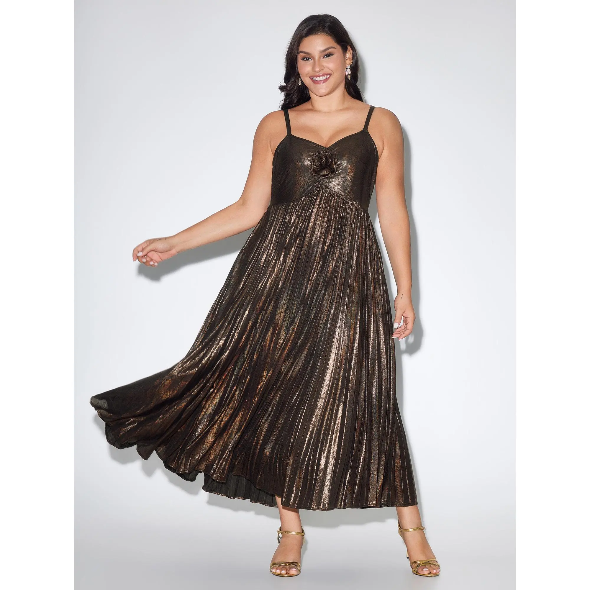 BLOOMCHIC Women's Plus Size Shimmery Pleated Cami Metallic 3D Flower Midi Dress (M-6X) - 2026 Summer Swimweek Vibes, Polyester-Spandex Garment, Adjustable, Casual Fit, Vacation & Beach Outfits, Summer Finds, Sleeve, Straps, Fabric, Formal