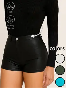 Women's High-Waisted Faux Leather Shorts - Matte Slim-Fit Design - Comfortable Stretchy Fabric - Tummy Control Women's High-Waisted Faux Leather Shorts - Matte Slim-Fit Design - Comfortable Stretchy Fabric - Tummy Control