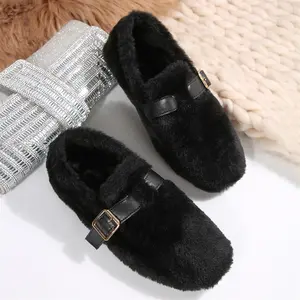 Women's Fuzzy Buckle Loafers Cozy Plush Slip-On Shoes Warm Indoor Outdoor Shoes