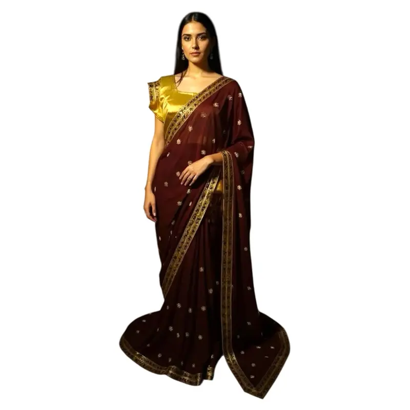 Women's Comfortable Chiffon Saree - 1-Piece Set with Golden Zari Mirror Border, Elegant Blouse for Party Wear, Women's Clothes with Elegance