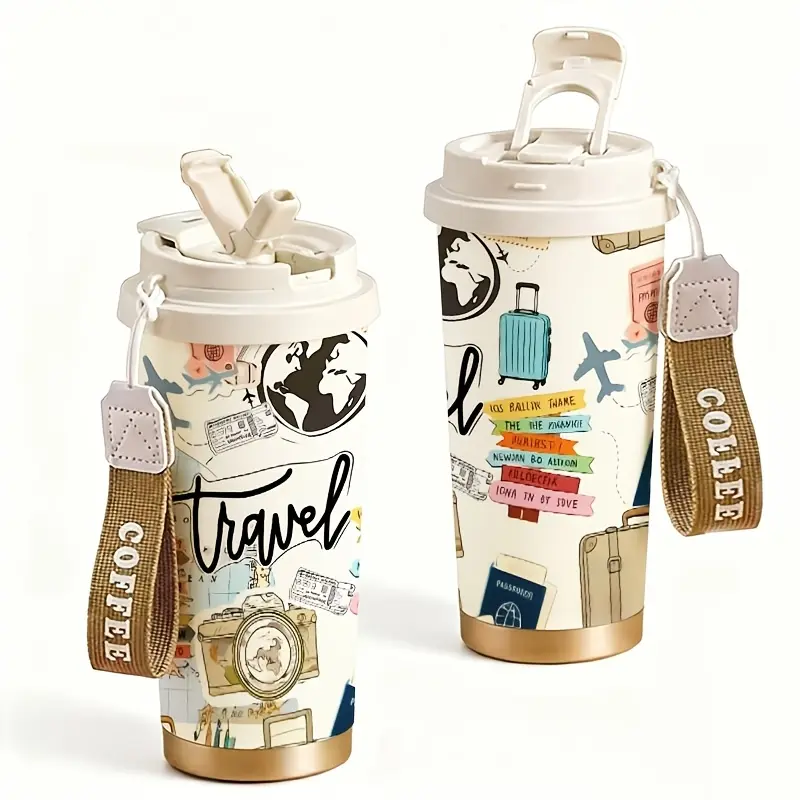 18-oz Insulated Vacuum Flask Tumbler, Pastel White Cartoon Design Travel Mug with Cup Strap, Portable Dual-Use for Hot/Cold Drinks, Ideal Gift for Office/Sports, 1-Piece Kitchen Drinkware Set, Flasks