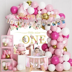 Baby girl 1st birthday decorations baby first birthday supplies for girlincluding balloon boxes pink gold balloons garland arch kitparty backdrop high chair banner crown photo banner