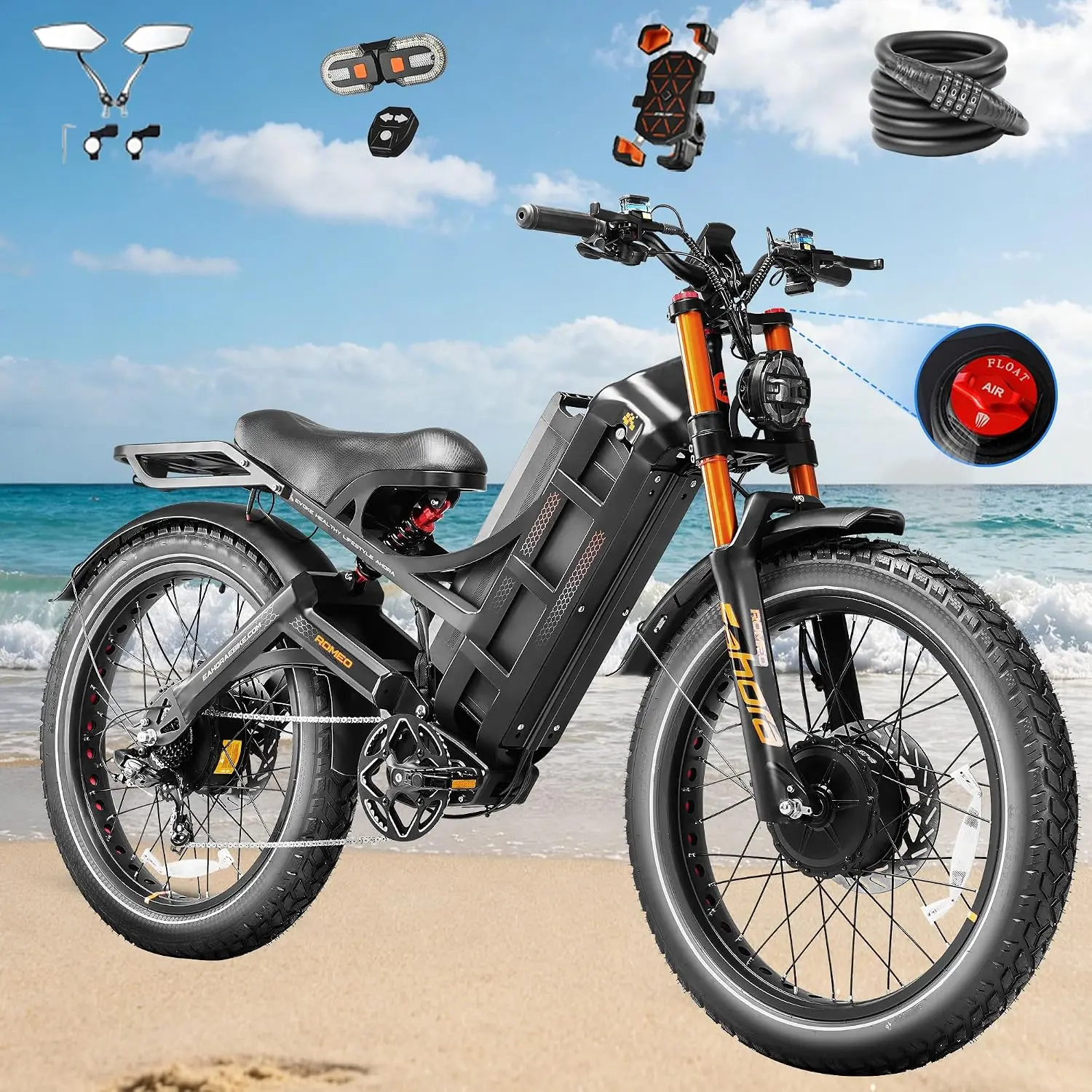 eAhora 2026 Romeo Pro 3 52MPH Electric Bike for Adults 6000W Dual Motor E Bike 60V/80Ah 300 Miles Long Range Electric Bicycle,26 * 4.0 Fat Tire Full Suspension Electric Mountain Bike Delivery Commute