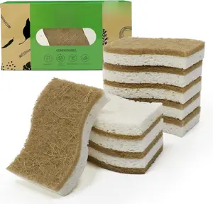 KICKLEEN 9 Pack Biodegradable Natural Kitchen Sponges - Compostable Cellulose & Coconut Fiber Scrubber - Eco Friendly Sustainable Sponges for Dishes - Non-Scratch Multipurpose Cleaning Tools