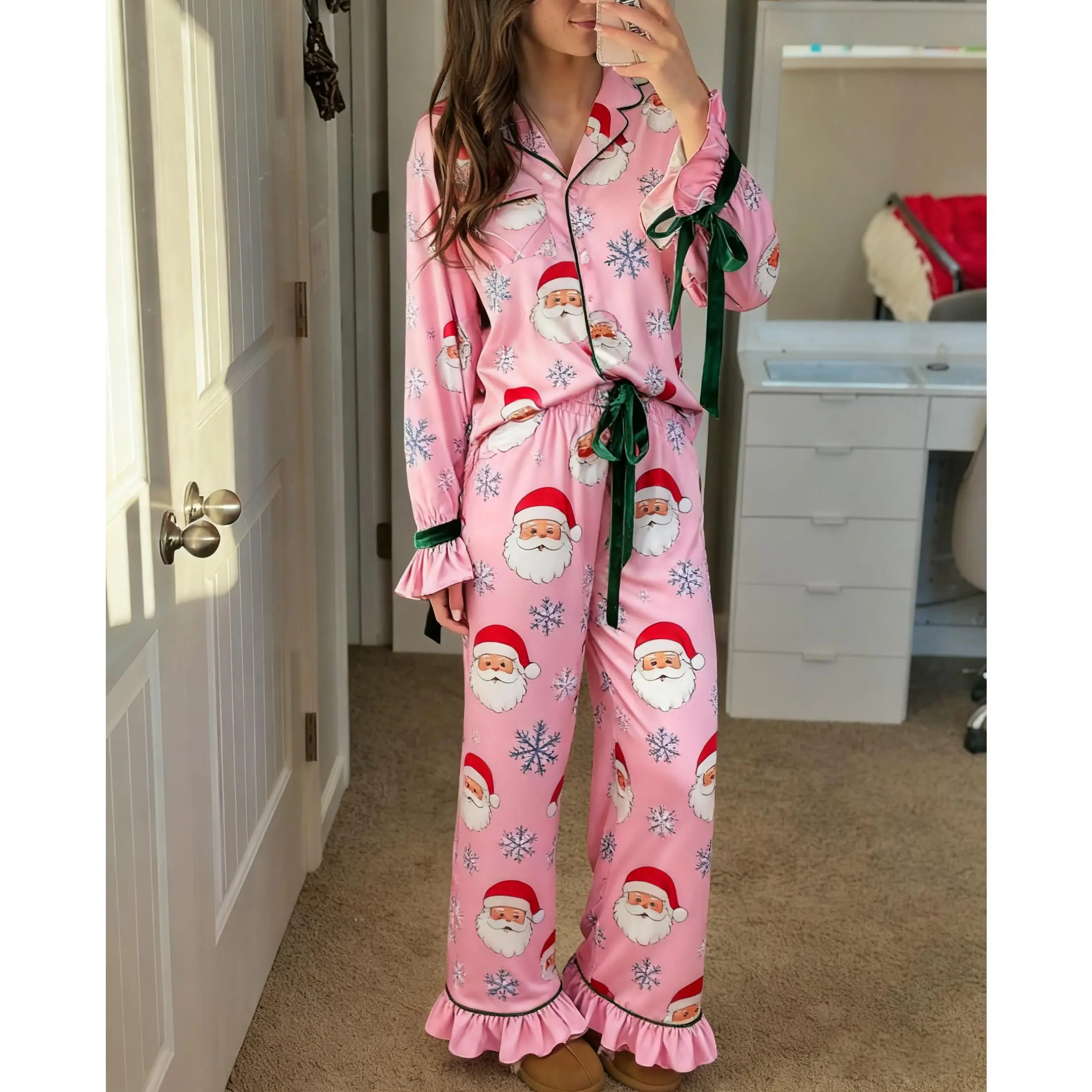 Women Christmas Pajamas Set Candy Cane Print Knotted Pj Lounge Set Long Sleeve Xmas Top and Pants