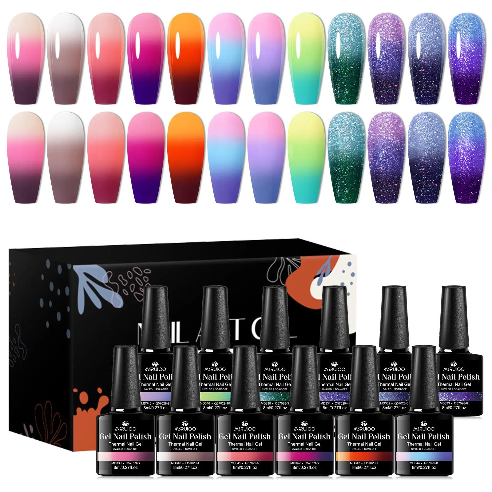 MSRUIOO 12pcs Trending Thermal Color-Changing Nail Gel Set, Temperature-Reactive Polish With LED-Curable Gel Shine Finish, Suitable for Salon Home Nail Art Design DIY, Semi-Permanent Soak Off UV LED Varnish Nail Art Manicures