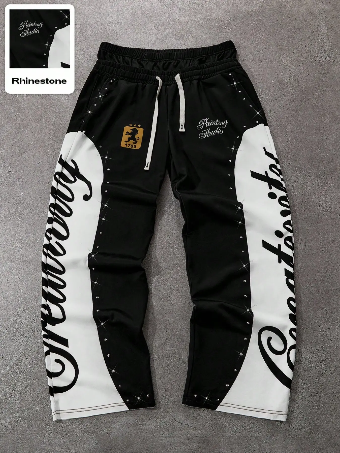 Men's athletic pants, Training sweatpants, Colorblock Sweatpants, two-piece design, double waistband, black and white color blocking, large letter print, elastic waistband, side pockets, wide leg design, Wide Sweatpants, Activewear Bottoms
