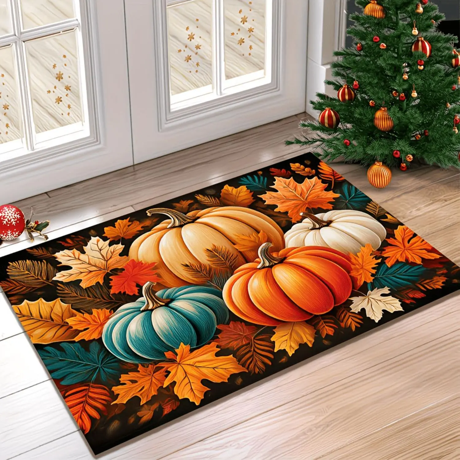 Flannel Pumpkin Leaf Floor Mat Autumn Doormat Fall Entrance Rug Thanksgiving Halloween Christmas Home Decor Cozy Rustic Porch Mat