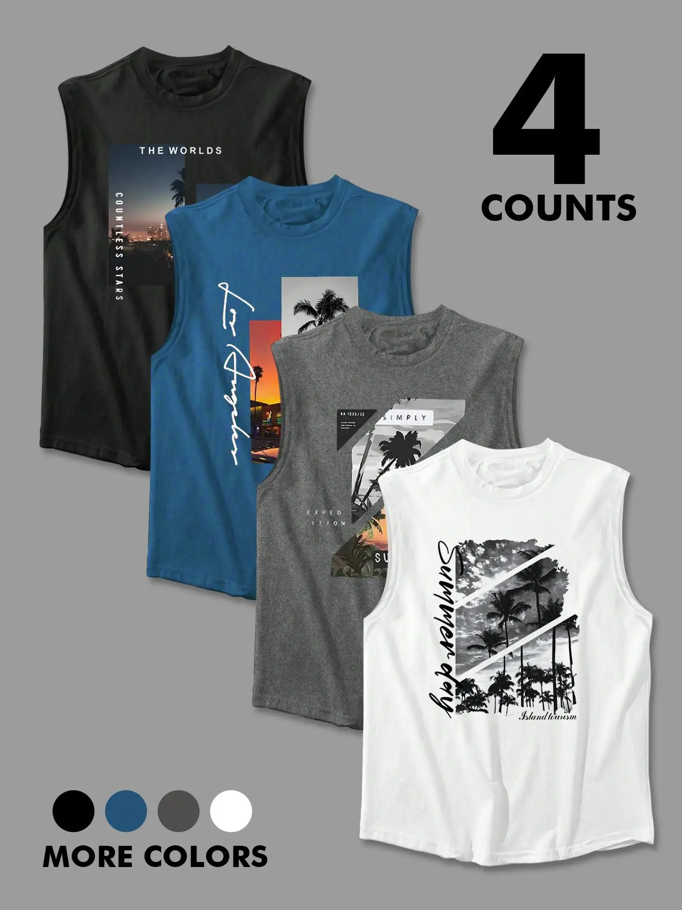 Men's Tropical Landscape Print Tank Top, Beach Tank, Regular Fit Casual Sporty Sleeveless Top for Summer & Daily Wear