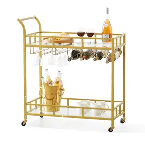 VEVOR Bar Cart Gold,  2 Tiers Home Bar Serving Cart on Lockable Wheels, Rolling Alcohol Cart with Tempered Glass Shelves Guardrail Wine Rack, Modern Wine Cart for Home Kitchen Dining and Living Room Utensils Bottles
