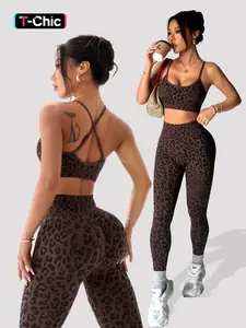 Women's Spring Summer Leopard Print Two-Piece Set, Adjustable Straps Backless Top + High Waist Tummy Control Nine-Point Tight Yoga Pants, Yoga Clothes Set