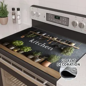 2D Flat, 1pc Stove Top Protector Mat - Non-Slip Kitchen Counter Mat with Herb & Utensil Design, Compatible with Induction Cooktops, Space-Saving Decorative Cover for Gas/Electric Stoves, Scratch-Resistant Surface Protector (Easy-Clean Rubber)