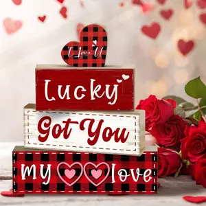 4 Pcs Valentine Table Decor Wooden Red Love Decoration, Valentine's Day Valentine Flutter Moment Centerpiece, Sweet home Tiered Tray Decor Red Heart Block Signs Gift for Farmhouse Home Kitchen, valentine's display set, Ornaments Decor