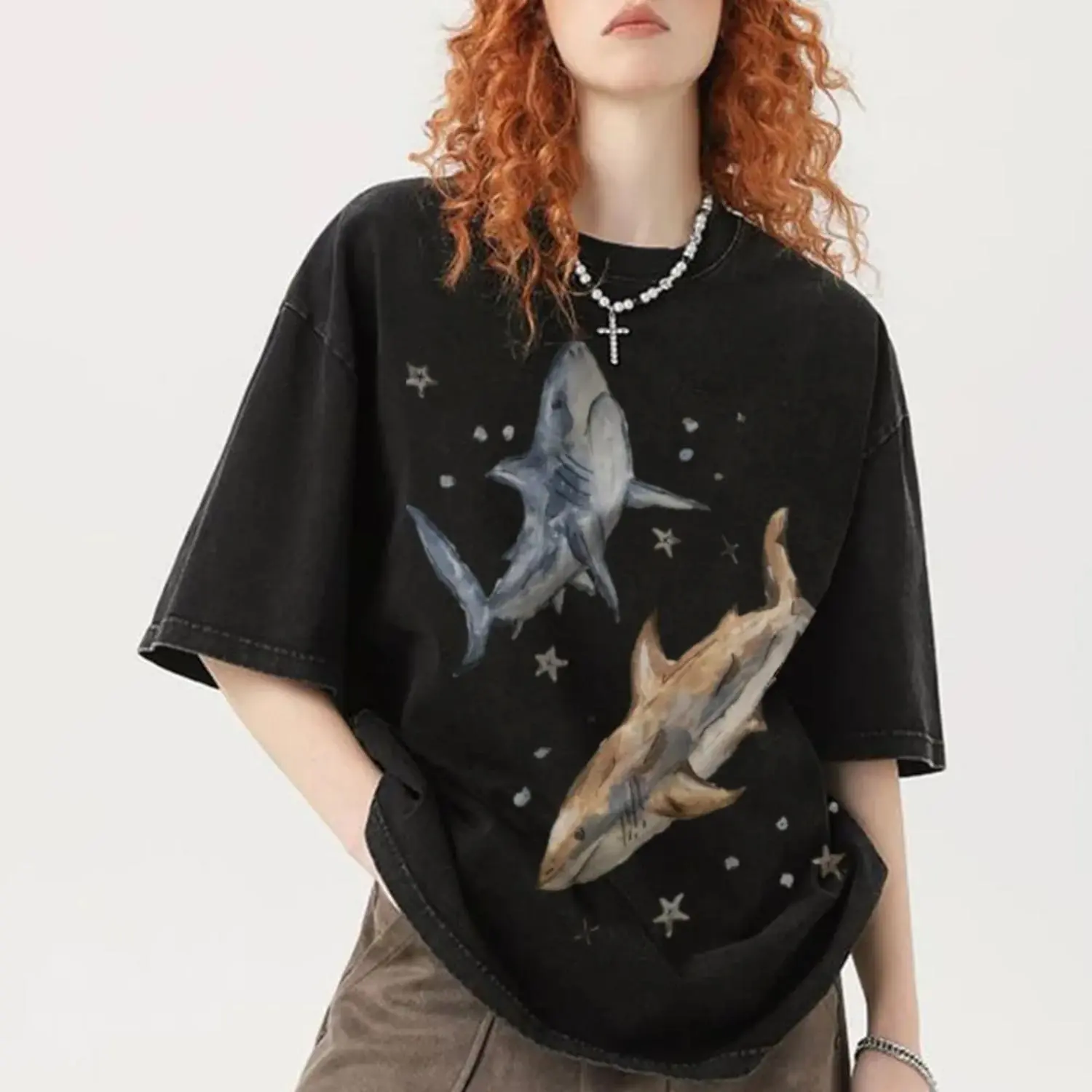 Women's Vintage Fashion T-Shirt with Celestial Print, Washed Fabric Round Neck and Short Sleeves, Top, Streetwear, Cotton, Acidwashed Style, Retro Look