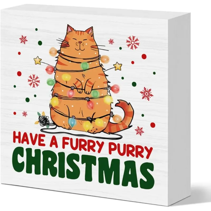 Funny Cat Christmas Decorations Have A Furry Purry Christmas Wooden Sign for Home Bedroom Desk Table Shelf Decor, Cat Lover Gifts for Women, 5 X 5 Inches