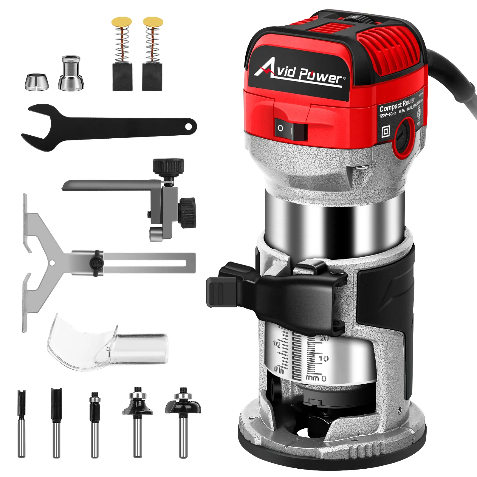 AVID POWER 6.5 Amp 1.25 HP Compact Router Tools for Woodworking, Fixed Base Wood Router with Trim Router Bits, 6 Variable Speeds, Edge Guide, Roller Guide, Dust Hood (Red, 65mm)
