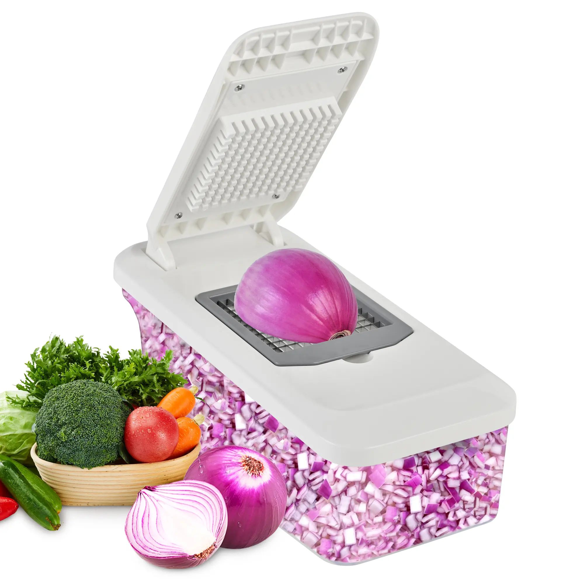 Simplify meal prep with our 8-piece multifunctional chopper set. It features a slicer and container for an efficient, all-in-one kitchen solution.