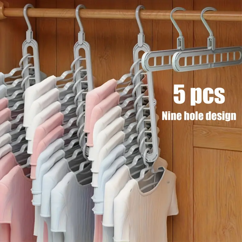5pcs Sturdy 9-Hole Hangers - Enhanced Anti-Slip, Foldable Design That Saves Space, Perfect for Home Closets, Student Dorms, And Rental Storage