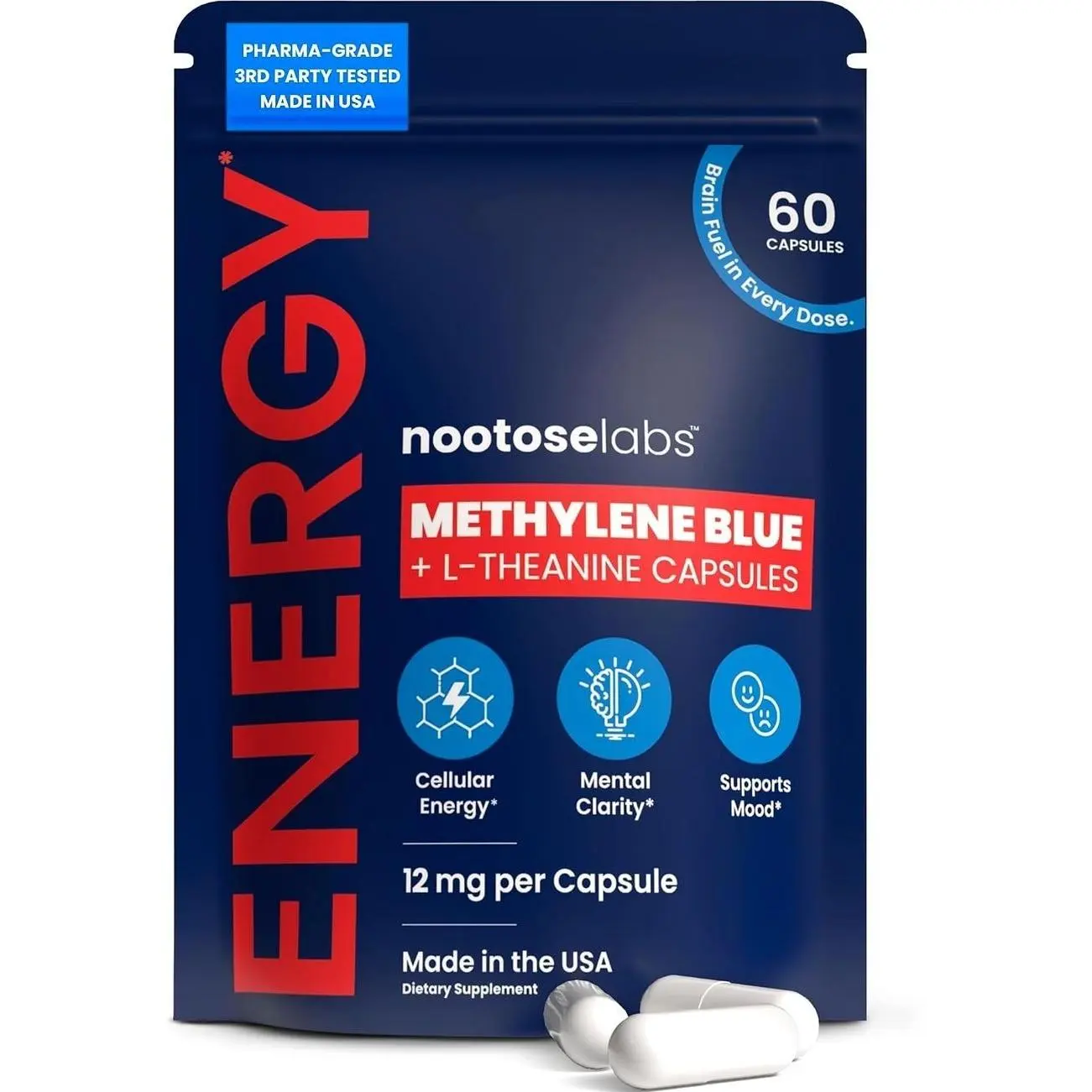Methylene Blue Capsules – Methylene Blue Pharmaceutical Grade with 200mg L-Theanine – Supplement for Mental Clarity, Focus & Clean Energy | 60 Servings