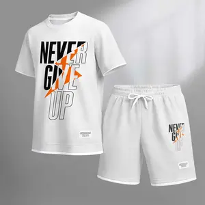 Men's Never Give Up Print Drawstring Shorts Set For Spring/Summer. Including A Short-Sleeved Shirt And Shorts, Suitable For Everyday Wear And Sports. A Two-Piece Set For A Relaxed And Energetic Lifestyle. Casual Breathable