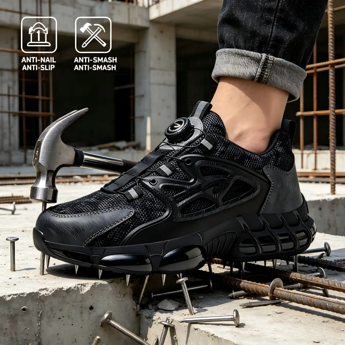 Men's Construction-Grade Work Safety Boots - Steel Toe, Breathable, Lightweight, Rotating Buckle, Abrasion-Resistant, Anti-Slip Sole, Casual, Flexible Sole Work & Safety Footwear, Abrasion Resistant Work & Safety Footwear