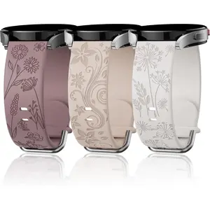 Flower Engraved Bands Compatible with Samsung Galaxy Watch 7/ FE/ 6/5/ 4/ Active 2 40mm 44mm/ 5 Pro 45mm/ Watch 6/4 Classic 43mm 47mm 42mm 46mm, 3 Pack 20mm Soft Silicone Replacement Watch Band
