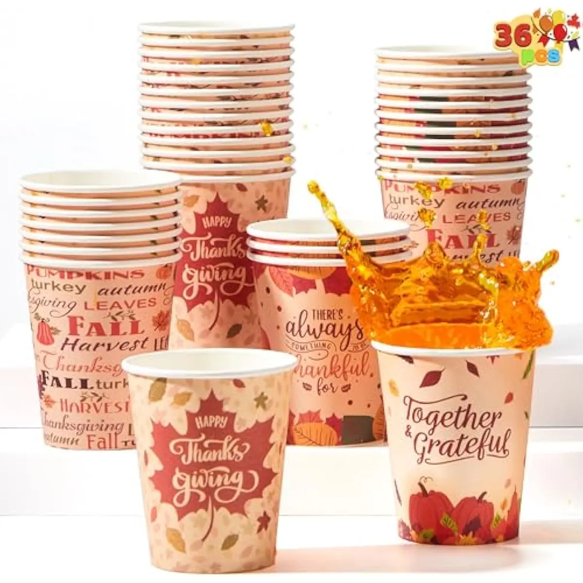 36 PCS Thanksgiving Disposable Cups,9 oz Pumpkin Maple Leaves Paper Cups, for Juice, Coffee, and Hot/Cold Drinks, 4 Charming Designs for Thanksgiving Party Fall Leaves Harvest Decoration