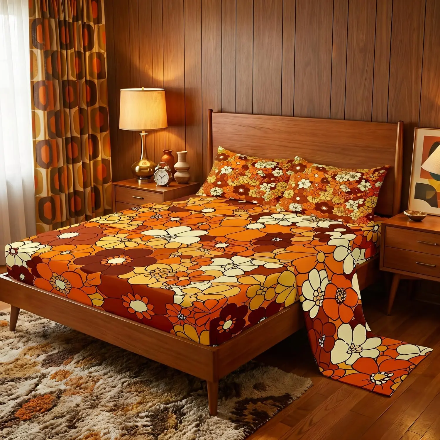 Boho Floral Bed Sheets Set Retro Groovy Flowers Sheet Set 60S 70S Hippie Flower Power Bedding Set For Women Groovy Natural Garden Botanical Fitted Sheet Orange Brown Flat Sheet