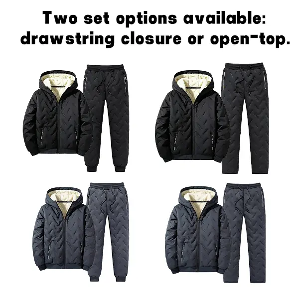 Men’s fleece-lined winter two-piece athletic set featuring a quilted windproof zip-up hooded jacket and two pant options; provides warmth in extreme cold for casual wear, suitable for skiing, fishing, hiking, and everyday commuting.