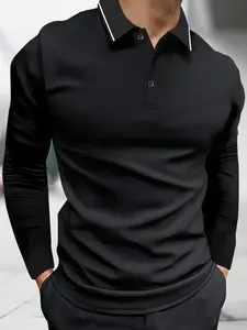 Men's Lightweight Long Sleeve Polo Shirt with Button Collar for Spring and Autumn - Fashionable Casual Sports Travel Business Golf Work Top, Perfect Gift for Boyfriend or Husband, Holiday Style Trendy Men's Wear Menswear Classic Black
