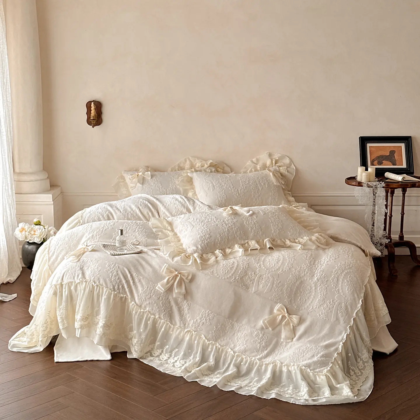 4pcs Carved Milk Velvet Embroidery Lace Bow Four-piece Set Set Romantic Princess Style Stitching Design Home Applicable Removable Bow Breathable Sweatless Perfect Gift Duvet Cover Set Embroidered Bed Set Bedding Sets