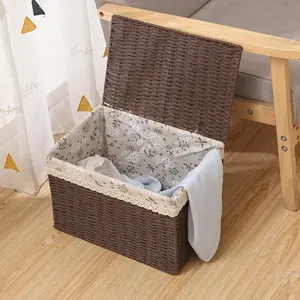 Set of 3 Natural Wicker Storage Baskets with Lid Lined Organizer Boxes for Clothes Toys