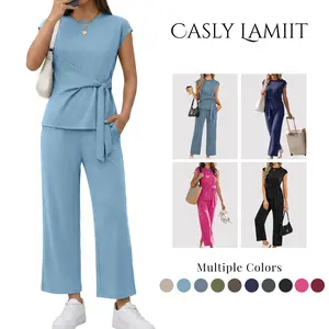 Casly Lamiit Women's 2-Piece Basic Classy Casual Set - Lightweight, Breathable, Comfy Soft Fabric, Round Neck Cap Shortsleeve Top with Belted Tie, Cropped Wide Leg Pants for Everyday Travel, Elegance Style Fitted Outfits,summervibes outdoorfun