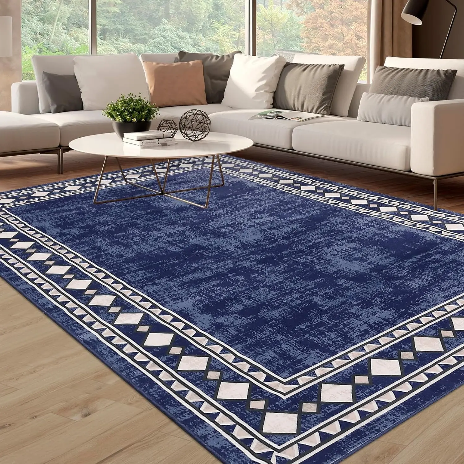 Vintage Blue Bordered Large Area Rug - Machine Washable, Soft Underfoot, Non Slip, Stain Resistant Modern Rug for Living Room, Contemporary Home Decor