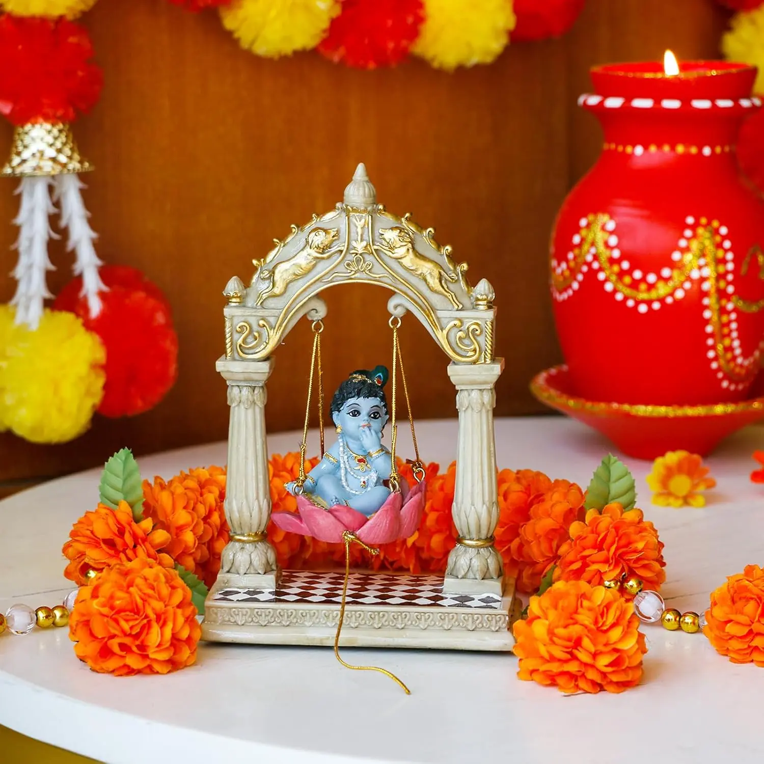 alikiki Baby Krishna on Swing - 6.7" H Hindu God Lord Krishna Idol Statue Mini India Murti Item Home Office Temple Mandir Shrine Altar Pooja Decor Diwali Puja Gifts for Indian Friends Relative