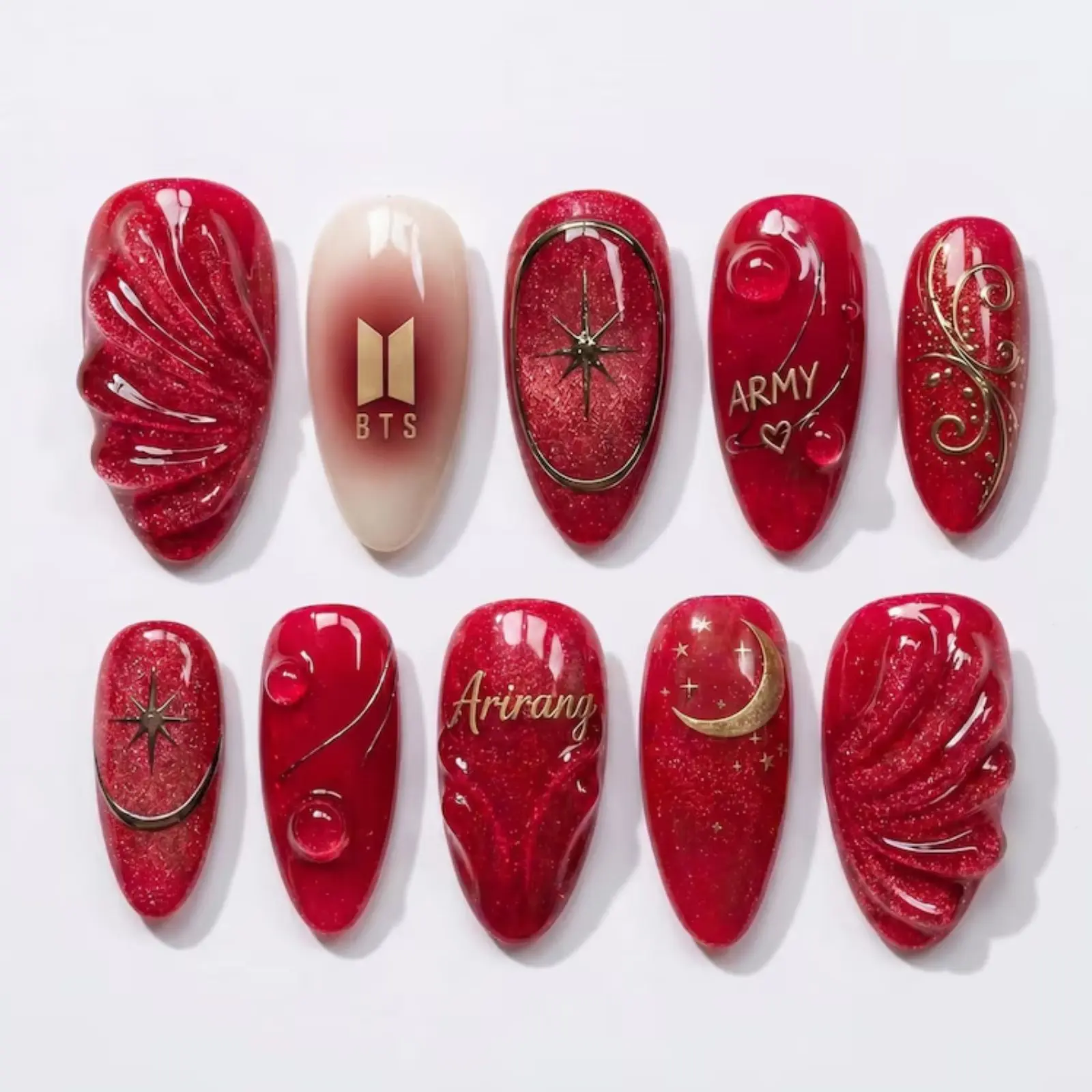 Idol Arirang Inspired Press On Nails | Red Cat Eye 3D Sculptural Nail Set | Kpop Aura Handmade Fake Nails