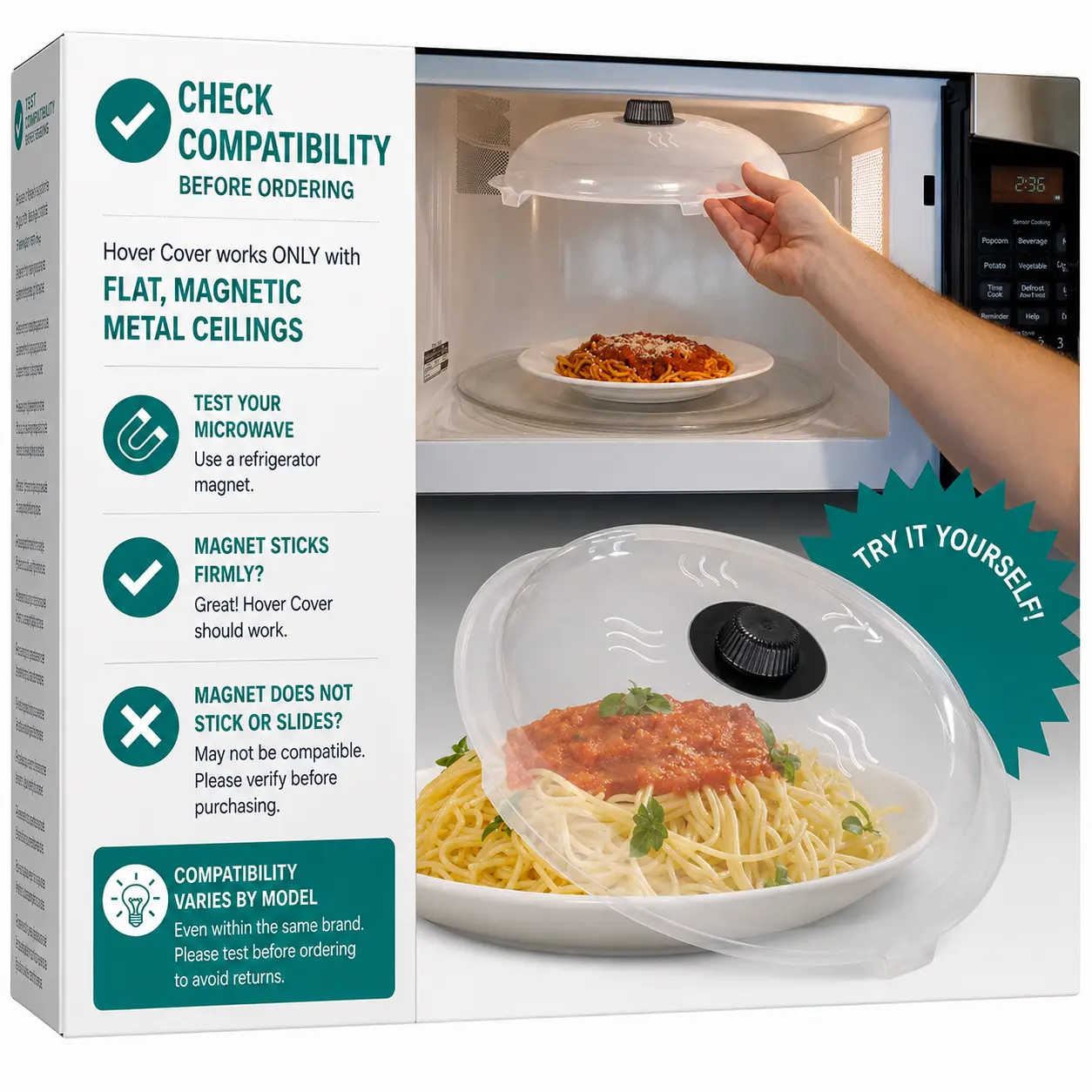HOVER COVER Magnetic Microwave Splatter Cover with Highest Power Magnetic Grip, 12-Inch BPA-Free Food Lid, Upgraded Handle, Vented Plate Guard, Dishwasher Safe, Space-Saving Storage - Black