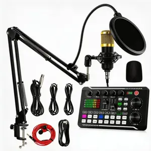 F009DJ audio mixer, Live audio mixer, audio interface, equipped with BM800 microphone kit, professional on-site sound card, audio mixing board, voice converter, Bluetooth noise reduction function, suitable for streaming games, podcast production