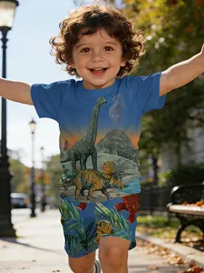 Travel through the Jurassic! Dinosaur & volcano printed short-sleeve set for infants and toddlers, casual kids' clothing sets, T-shirts suitable for daily and outdoor sports. Made of 100% polyester, a perfect gift for little ones!