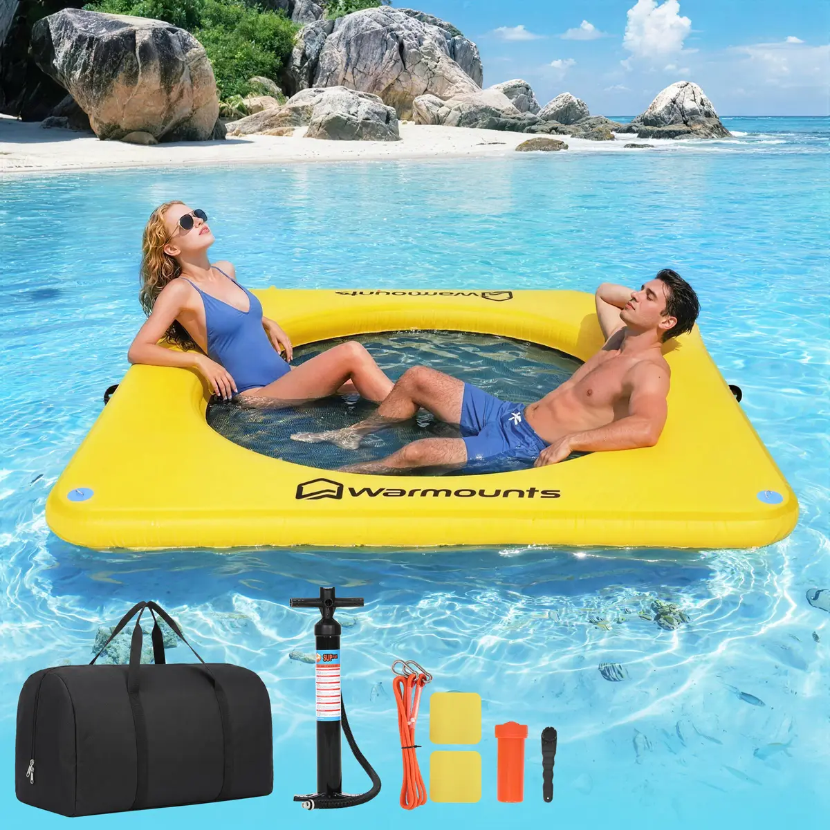[tiktokshopstockup] WARMOUNTS 8x8FT Polyvinyl Chloride Inflatable Floating Dock - Pneumatic Lake Float Platform with 6FT Mesh Pool, 700LB Capacity, Non Slip Drop Stitch Construction, Manual Hand Pump, D Rings, Carry Bag, Anchoring Kit for Family Lake Use