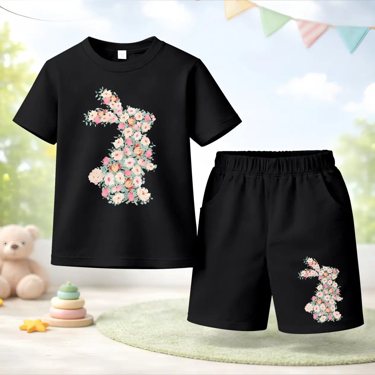 Unisex Kids Easter Floral Rabbit Printed Design Short Sleeve T-Shirt and Shorts Set, Casual Kids Summer Outfit, Comfortable Crew Neck Clothing Set for Daily Wear and Outdoor Play